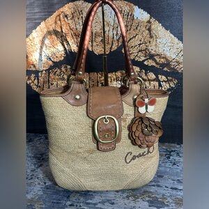 Coach Bleecker SoHo Tattersall Straw and Leather Tote